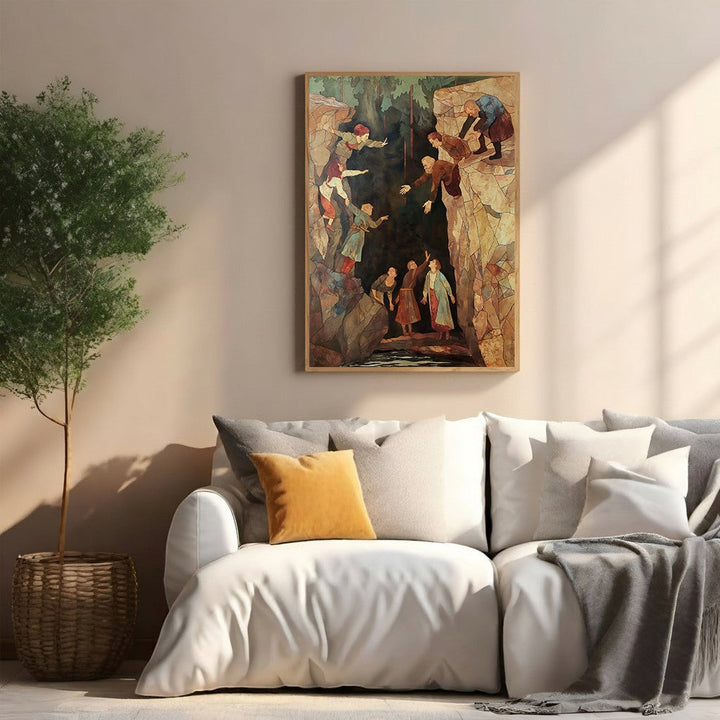 Wadi Home wall art depicting figures descending into a rocky cave with earthy tones and detailed illustration.