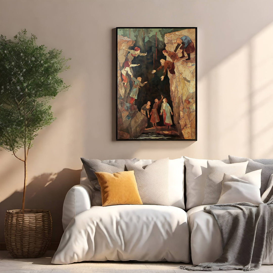 Wadi Home wall art depicting figures descending into a rocky cave with earthy tones and a narrative illustration style.