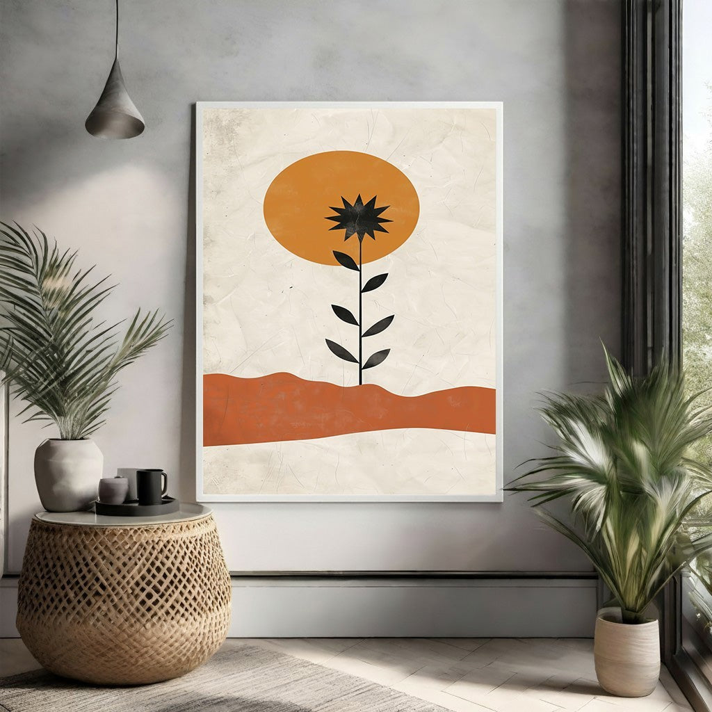 Wadi Home Abstract Desert Bloom Wall Art: black flower silhouette, orange sun, terracotta horizon on textured cream background.