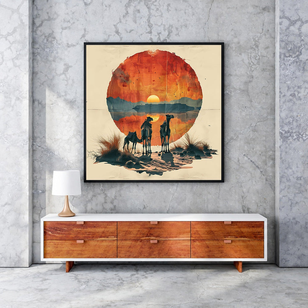 Wadi Home Desert Sunset Camel Caravan wall art featuring silhouetted camels against a vibrant circular sunset.