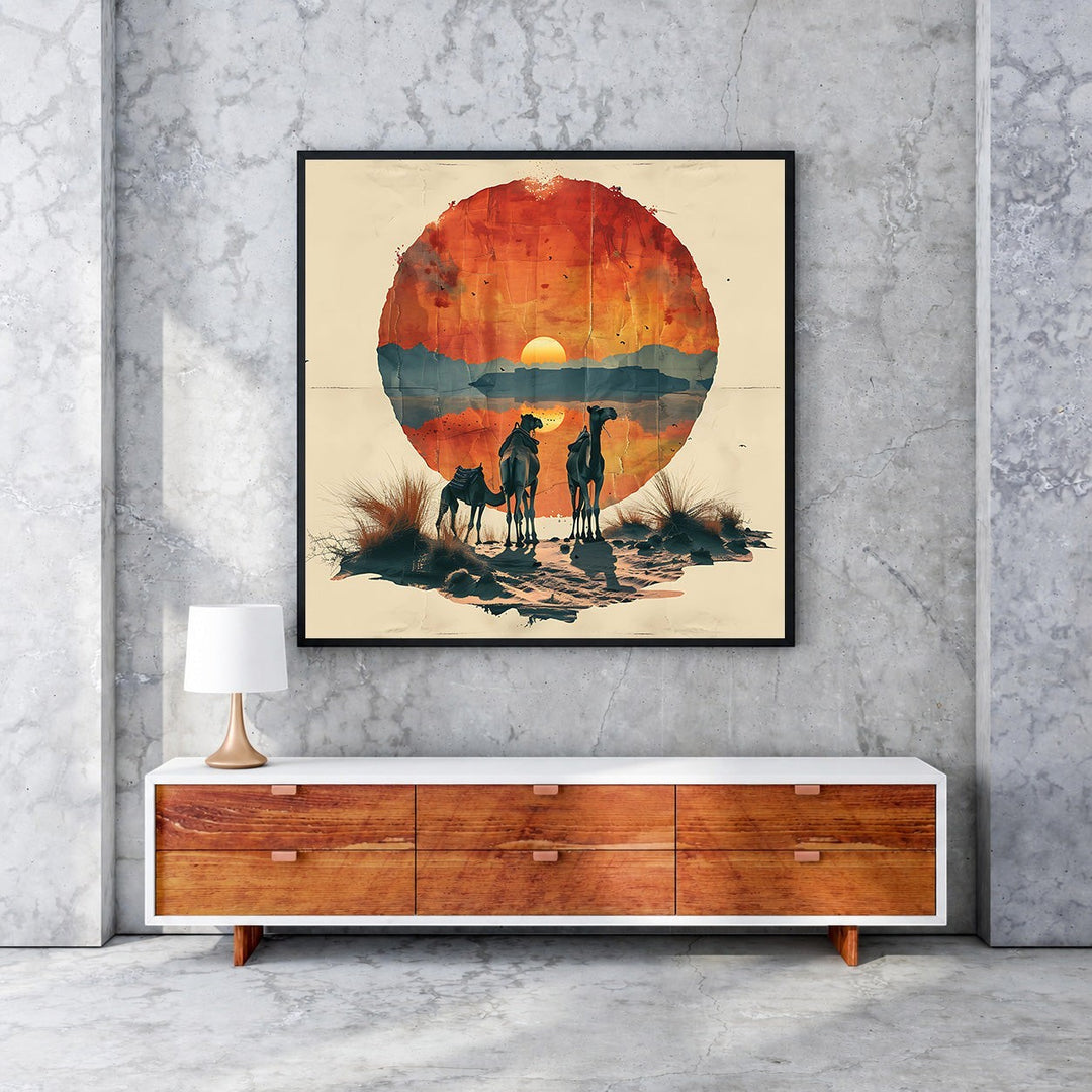 Wadi Home Desert Sunset Camel Caravan wall art featuring silhouetted camels against a vibrant circular sunset.