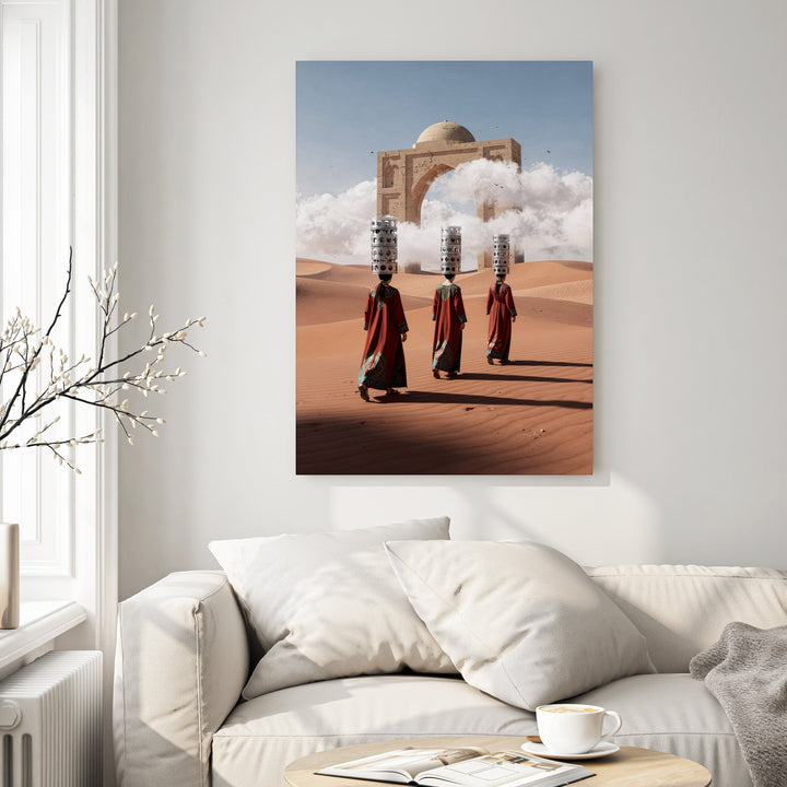 Wadi Home art print: Three figures in red robes carry burdens on their heads across a desert landscape towards an ancient archway with a domed structure.