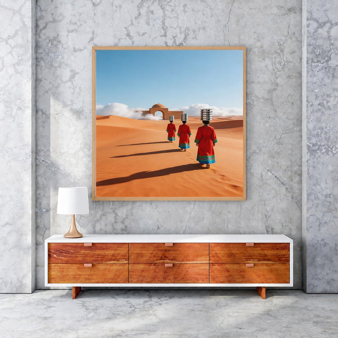 Wadi Home artwork: three figures in red robes carrying items on heads walk through desert dunes towards an archway.
