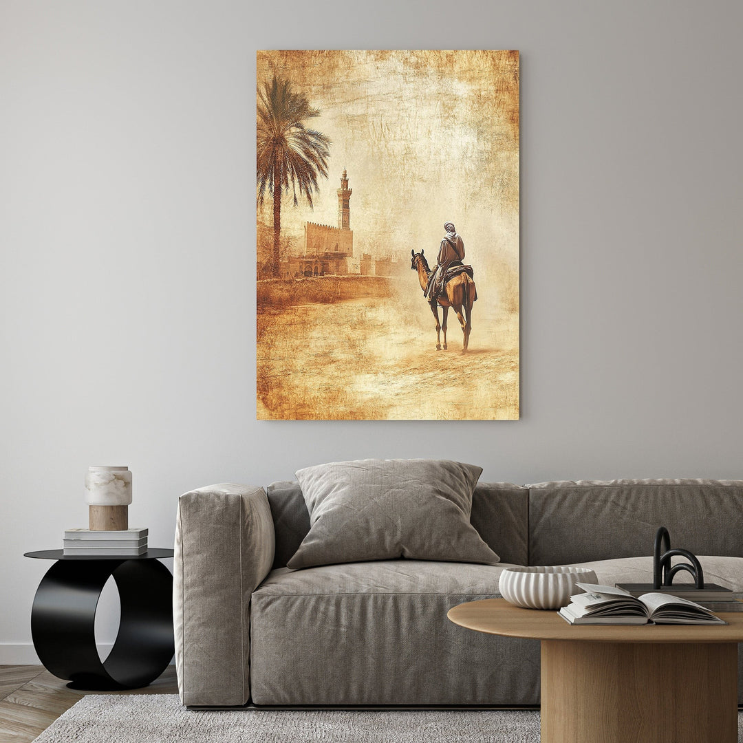 Wadi Home sepia-toned canvas art of a lone figure on horseback in a desert landscape with a palm tree and minaret.