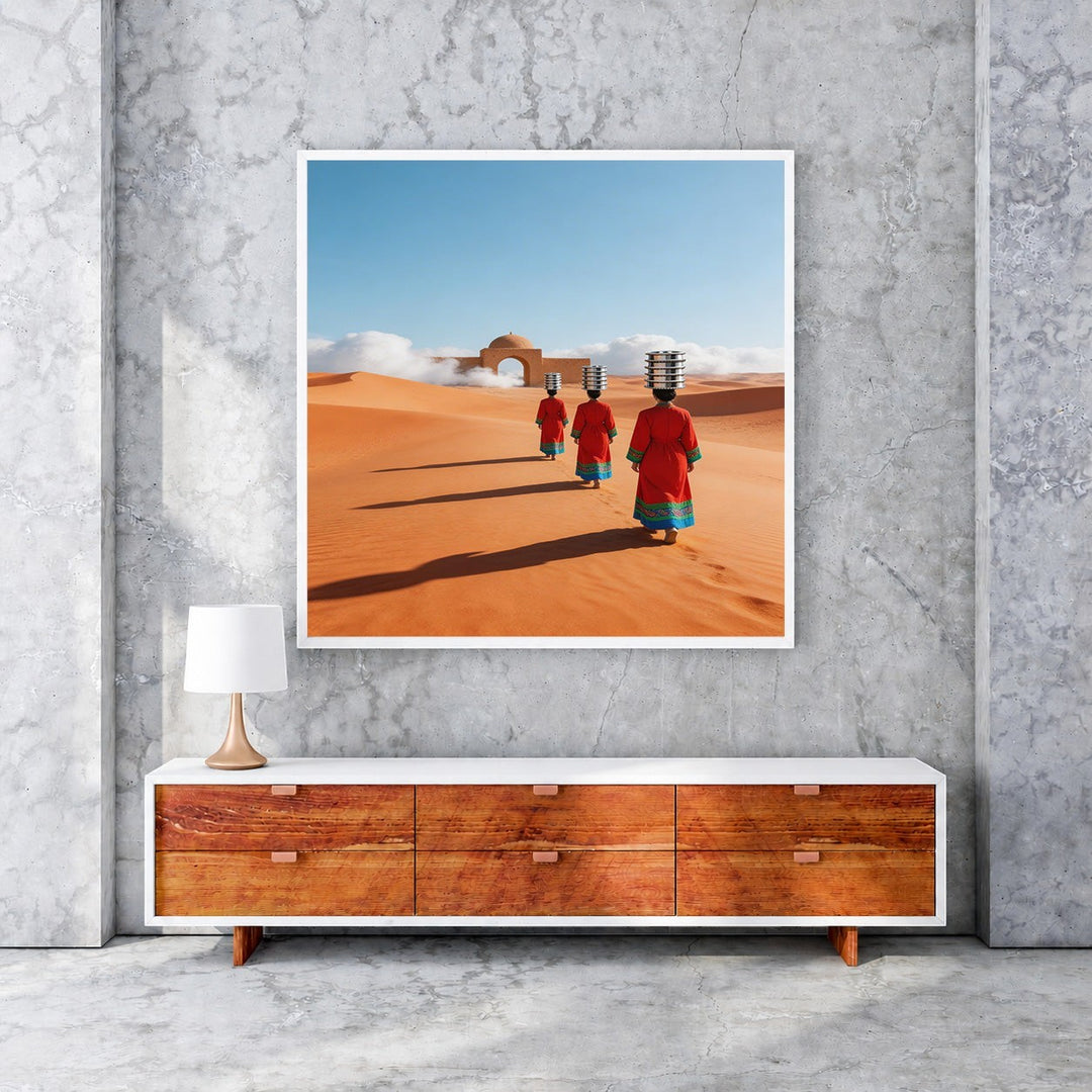 Wadi Home artwork: Three figures in red robes walk across desert dunes towards an archway, carrying items on their heads.