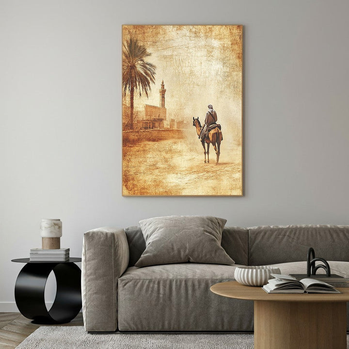 Wadi Home sepia desert caravan wall art with a person on horseback, palm tree, and minaret. Textured finish.