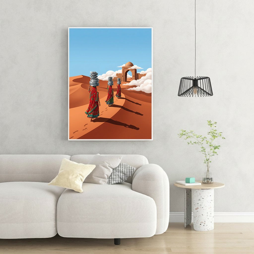 Wadi Home Desert Journey Wall Art, three women in red and green saris carrying stacked pots on their heads across sand dunes under a blue sky.