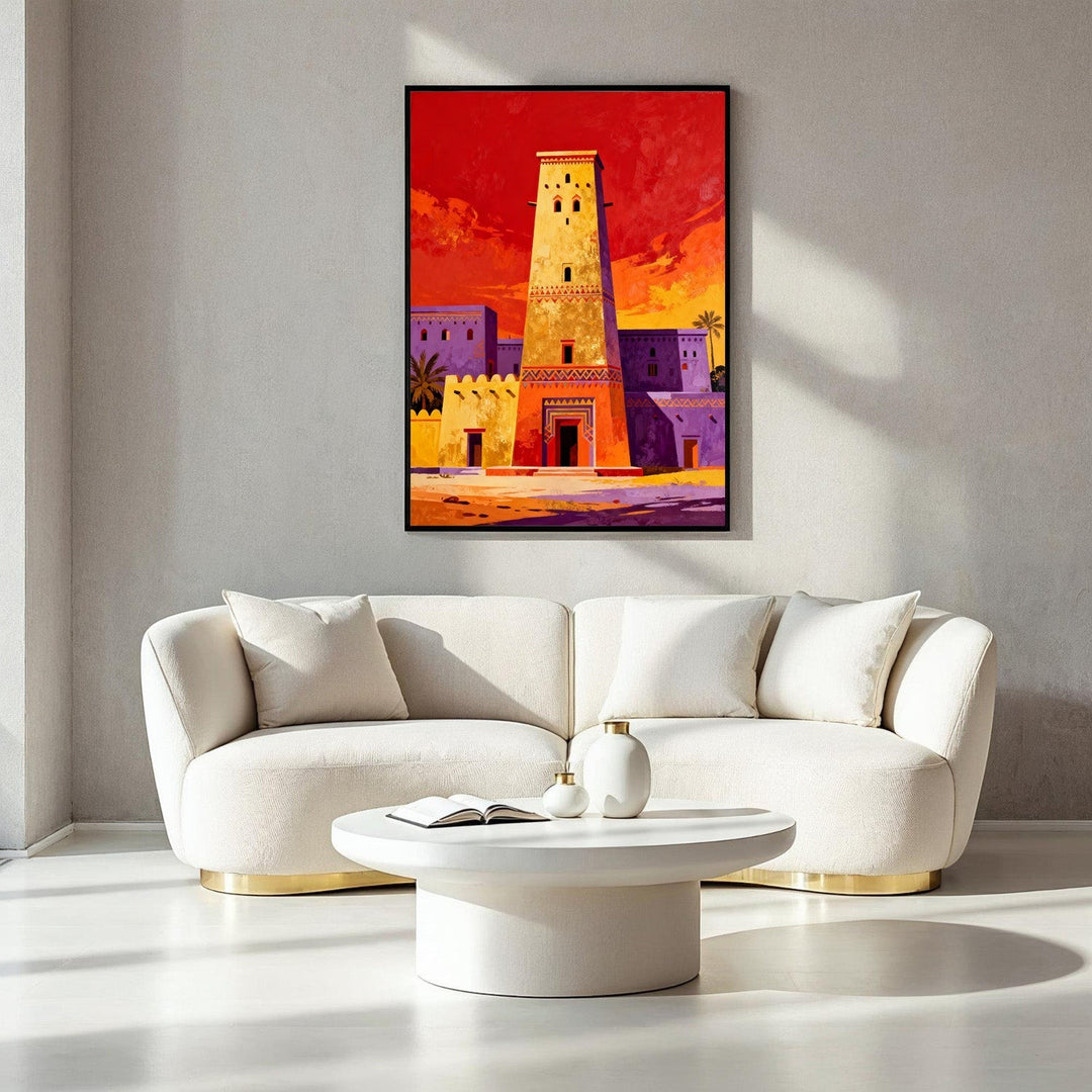 Wadi Home Desert Oasis Tower Art Print featuring a yellow tower against a vibrant red and orange sunset sky.