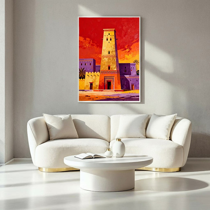Wadi Home Desert Oasis Tower Art Print featuring a tall, sand-colored tower against a vibrant red and orange sunset sky.