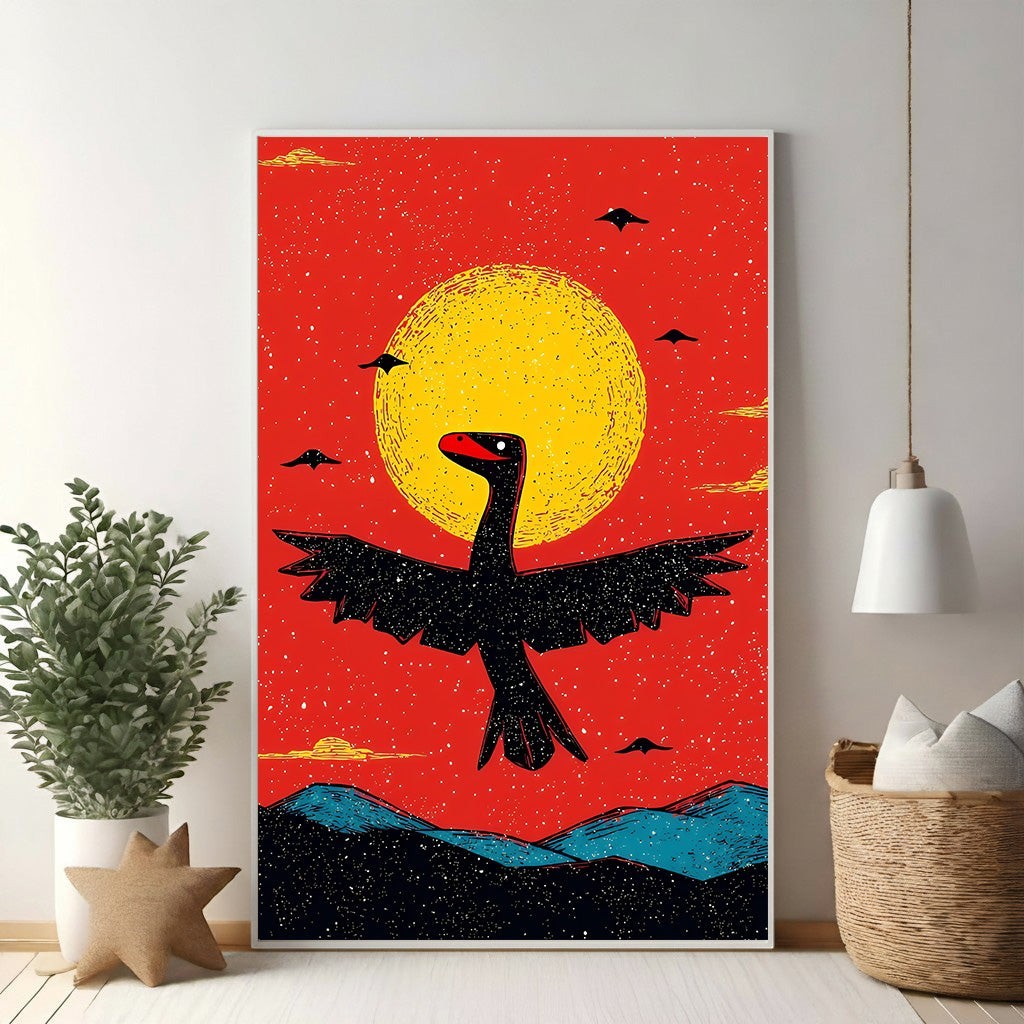 Wadi Home black dinosaur with outstretched wings flying under a yellow sun against a red sky, graphic art print.
