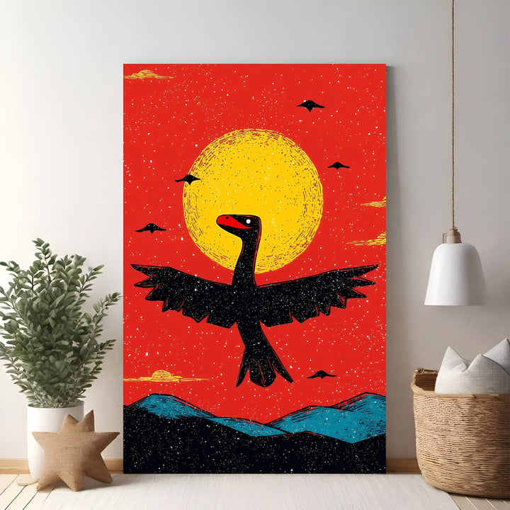 Wadi Home black dinosaur art print with outstretched wings flying under a yellow sun against a red sky.