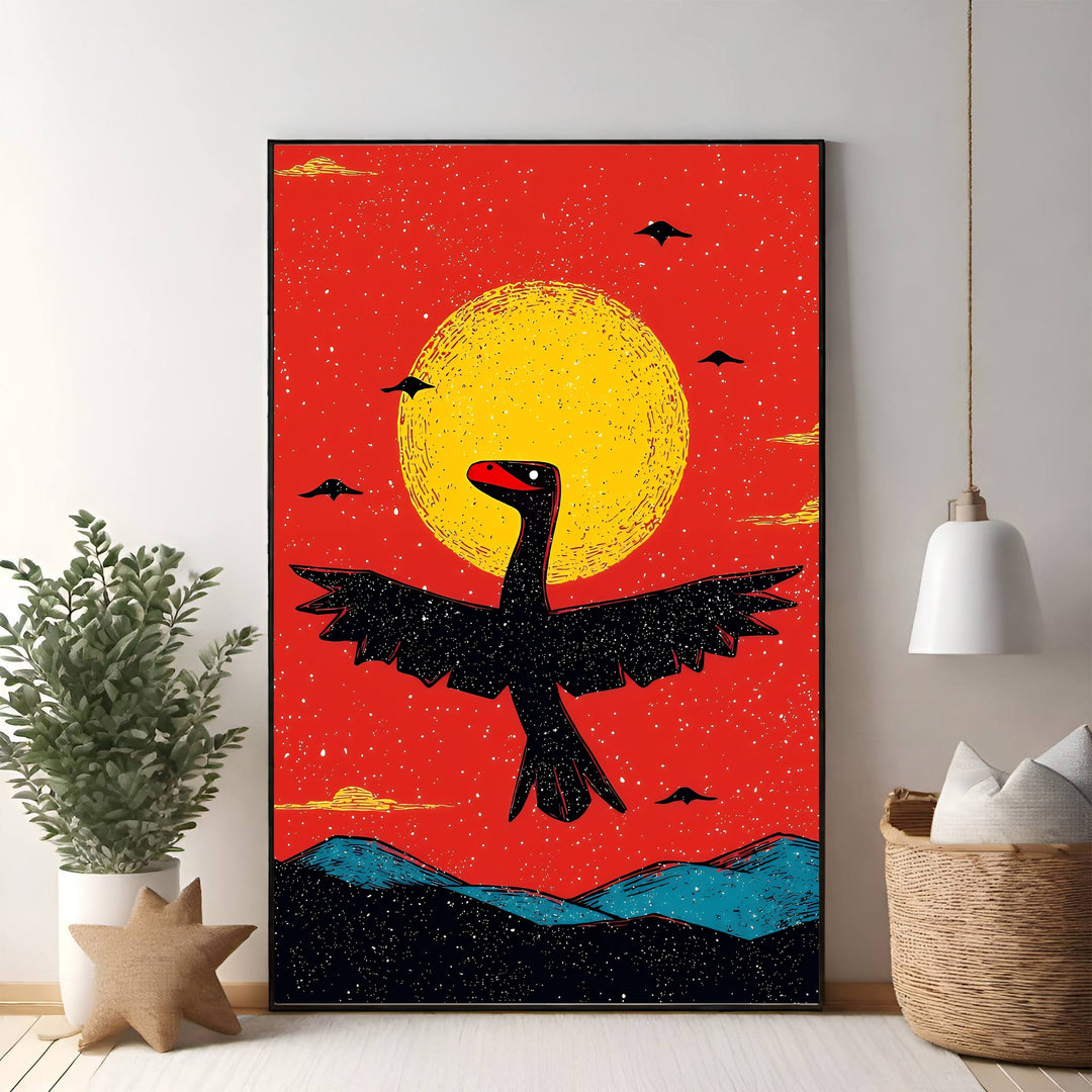 Wadi Home black dinosaur with outstretched wings flying under a yellow sun against a red sky, graphic art print.