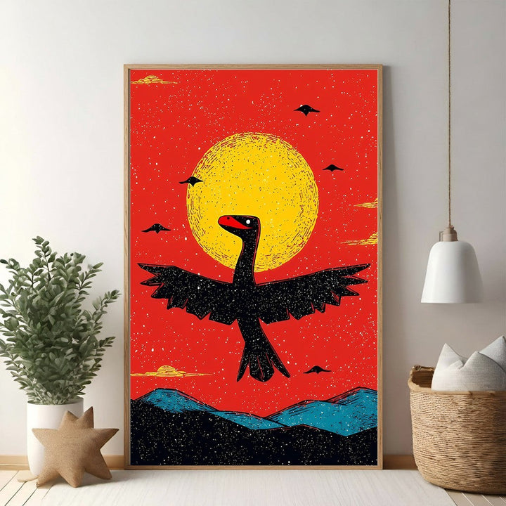 Wadi Home art print of a black dinosaur with outstretched wings flying under a yellow sun against a red sky.