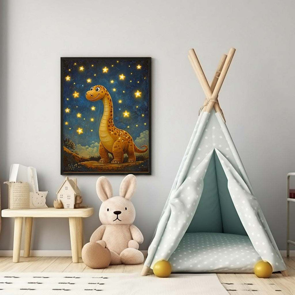 Wadi Home whimsical orange dinosaur art with stars on a dark blue night sky, perfect for a child's room.