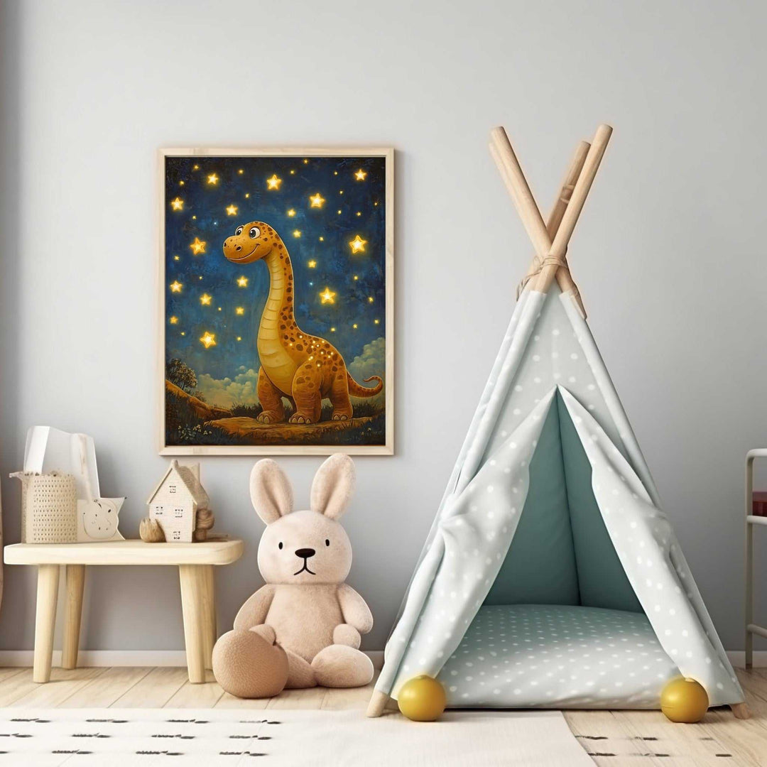 Wadi Home whimsical orange dinosaur under a starry night sky, framed wall art for a child's room.
