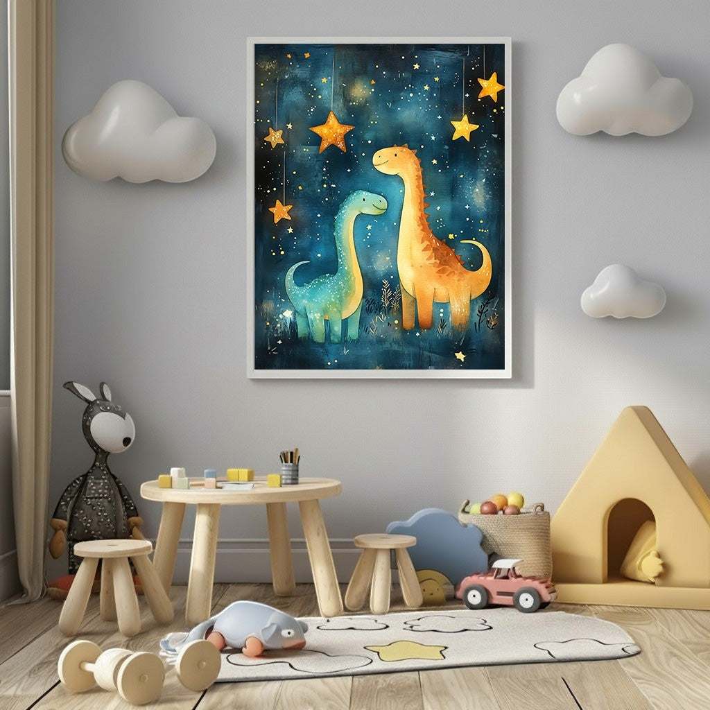 Wadi Home Whimsical Dinosaur Starry Night Nursery Art featuring two friendly dinosaurs under a starry, cosmic sky. Watercolor style.