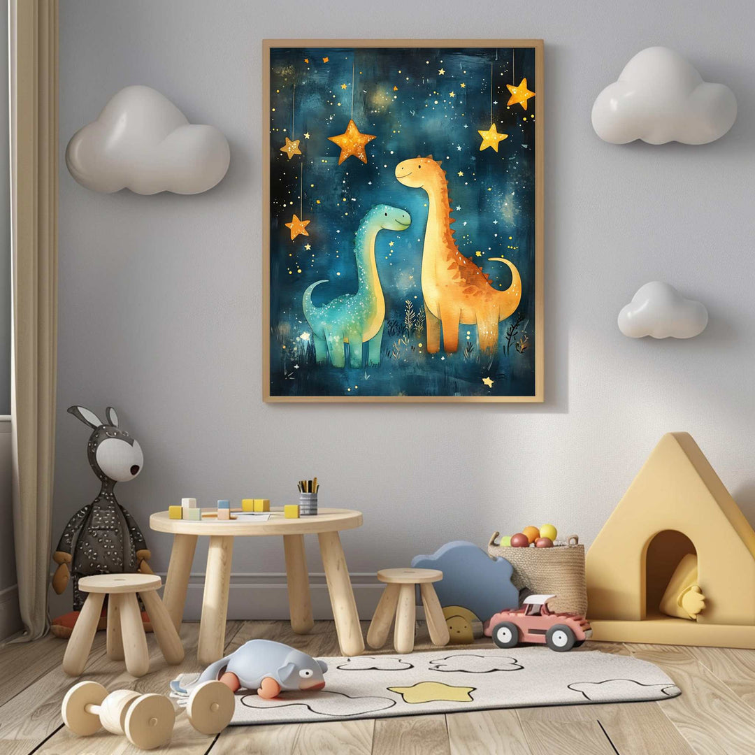 Wadi Home Whimsical Dinosaur Starry Night Nursery Art featuring two friendly watercolor dinosaurs under a dark blue starry sky.