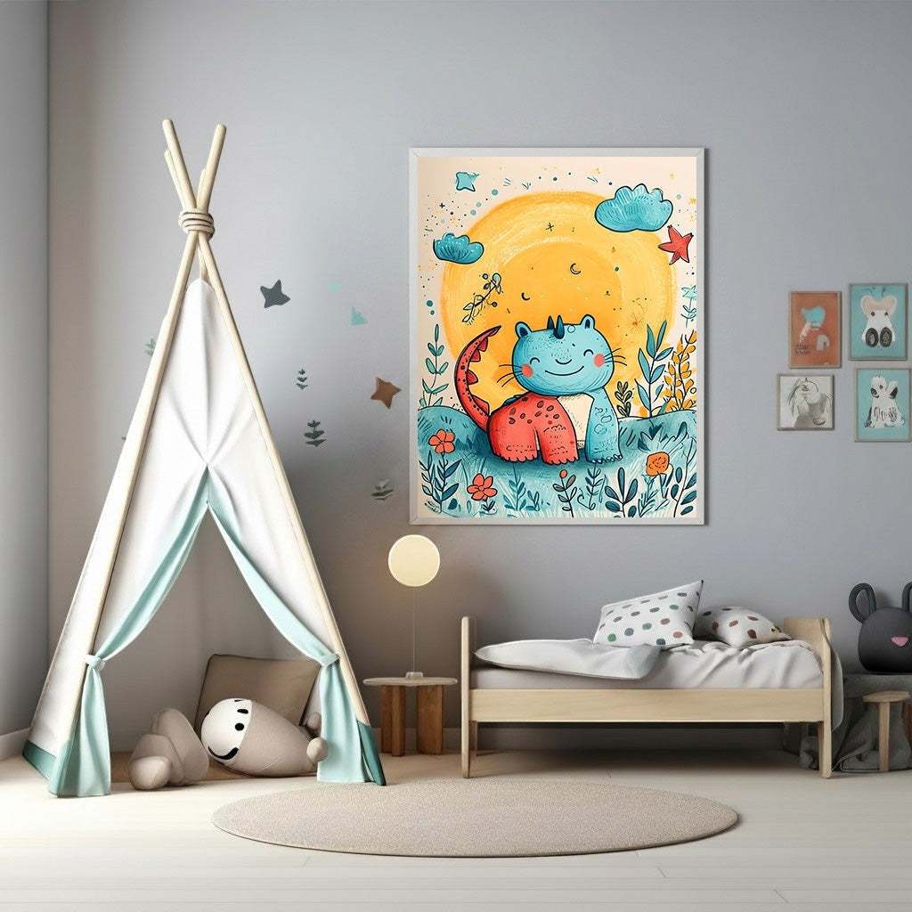 Wadi Home whimsical blue and red dinosaur under a yellow sun, surrounded by flowers and clouds, watercolor style wall art for a child's room.