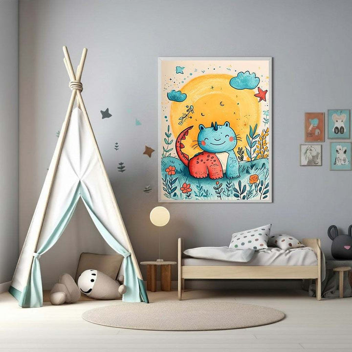 Wadi Home whimsical blue and red dinosaur under a yellow sun, surrounded by flowers and clouds, watercolor style wall art for a child's room.