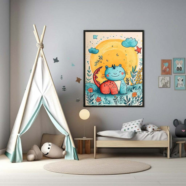 Wadi Home framed wall art of a blue and red cartoon dinosaur under a yellow sun with clouds and flowers, watercolor style.