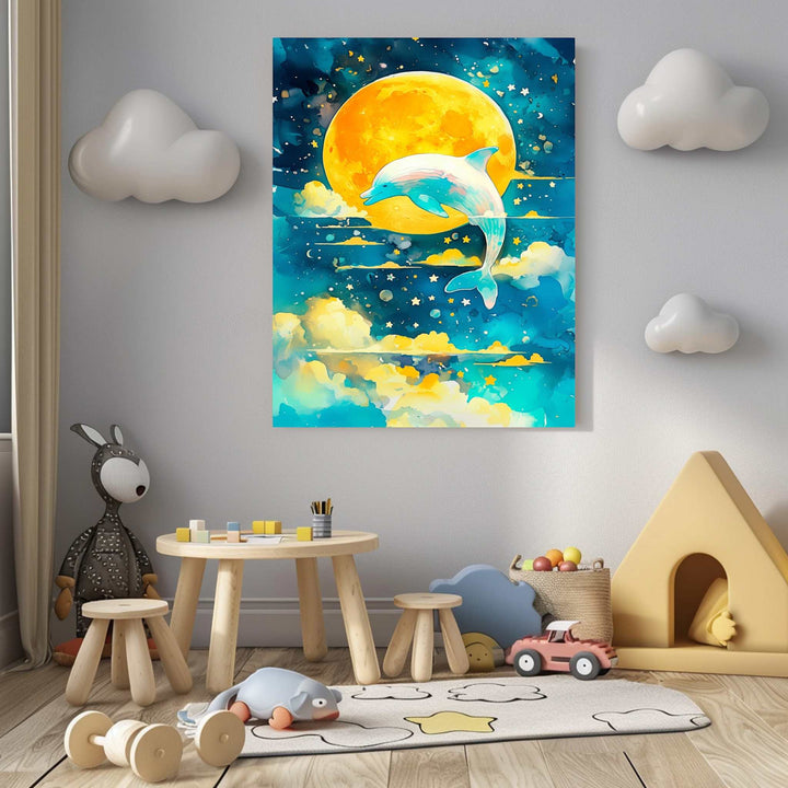 Wadi Home whimsical dolphin leaping under a luminous full moon in a starry, cloud-filled sky, watercolor style, blues, yellows, turquoise.