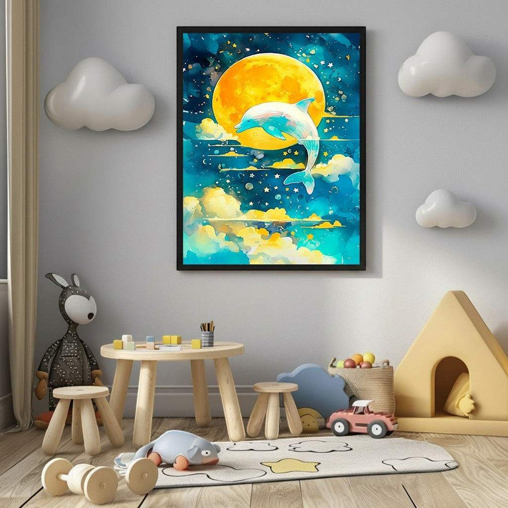 Wadi Home framed watercolor art of a dolphin leaping under a bright orange moon in a starry, cloudy sky. Blues, yellows, and turquoise dominate.