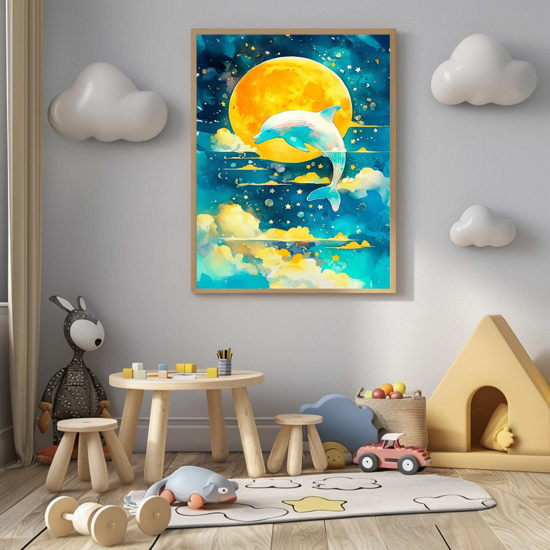 Wadi Home framed watercolor art of a dolphin leaping under a bright orange moon in a starry, cloudy night sky. Blues, yellows, and turquoise dominate.