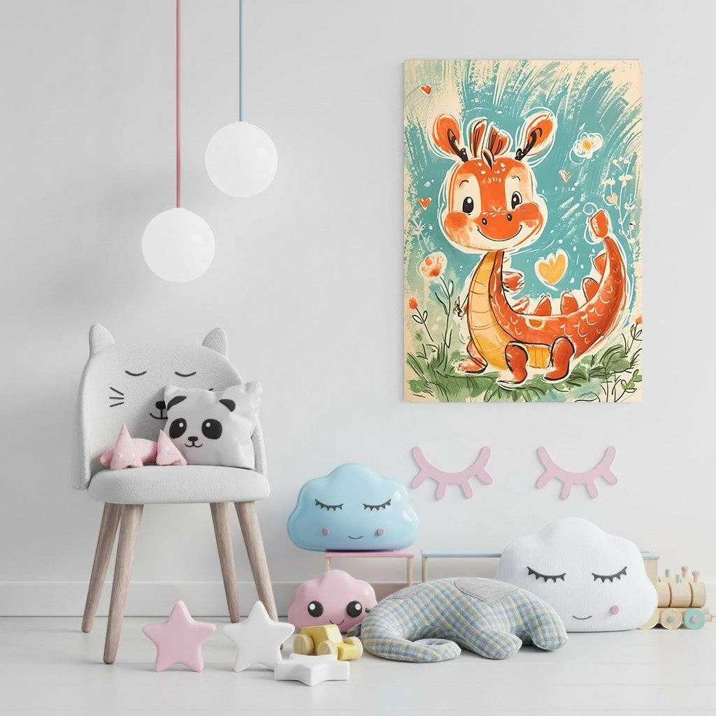 Wadi Home cute orange dragon illustration in a meadow, children's wall art with whimsical flowers and blue background.