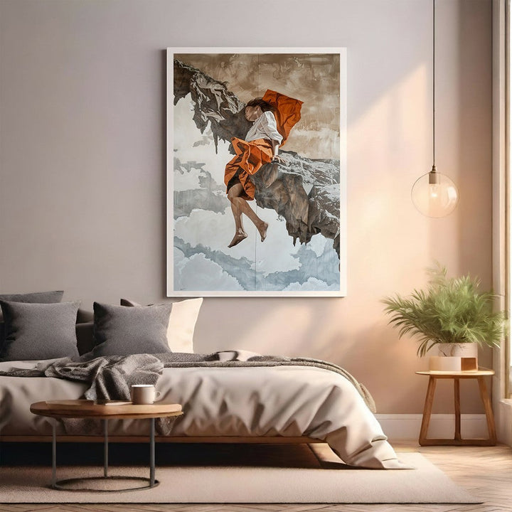Wadi Home wall art: dramatic figure in orange attire on rocky outcrop with clouds. Artistic, contemplative, adventure.