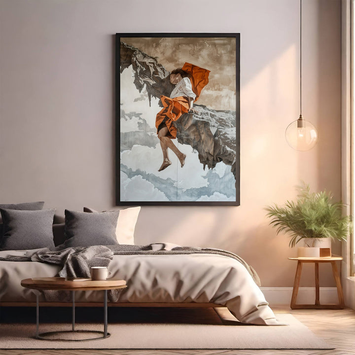 Wadi Home dramatic wall art of a person in orange attire on a rocky outcrop with clouds.