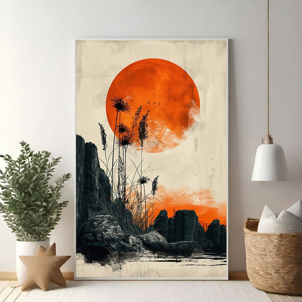 Wadi Home wall art: dramatic sunset over rocky landscape with large orange sun, silhouetted reeds, and dark rock formations.