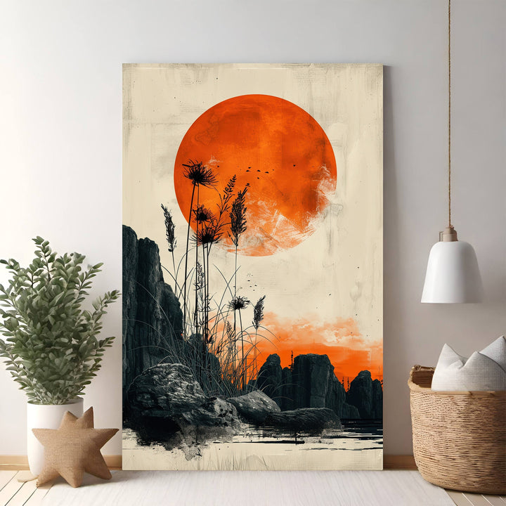 Wadi Home dramatic sunset wall art with orange sun, rocky landscape, silhouetted reeds, and birds in flight.
