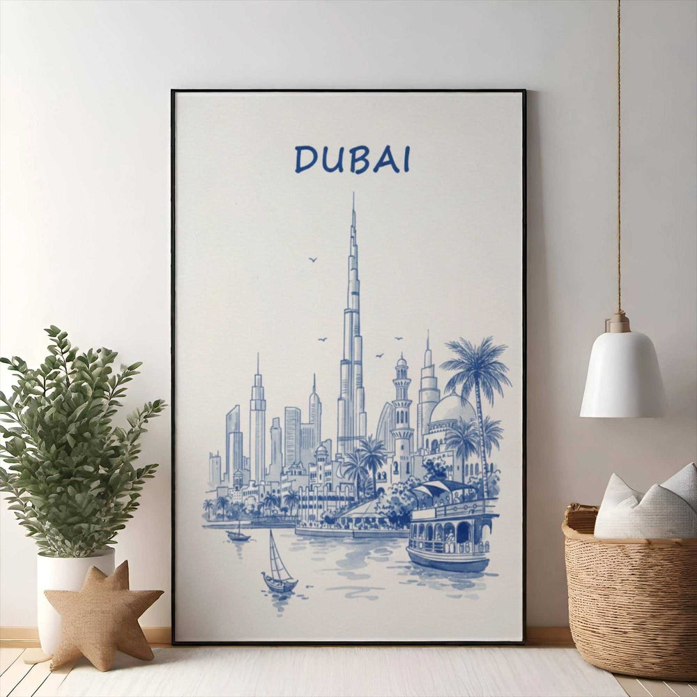Wadi Home Dubai skyline sketch art print in blue and white, featuring Burj Khalifa, palm trees, and boats.