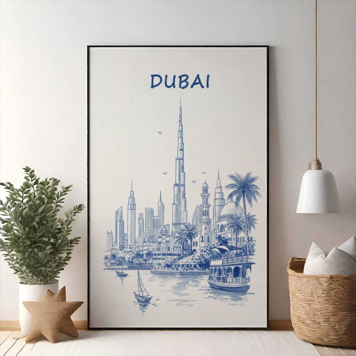 Wadi Home Dubai skyline sketch art print in blue and white, featuring Burj Khalifa, palm trees, and boats.
