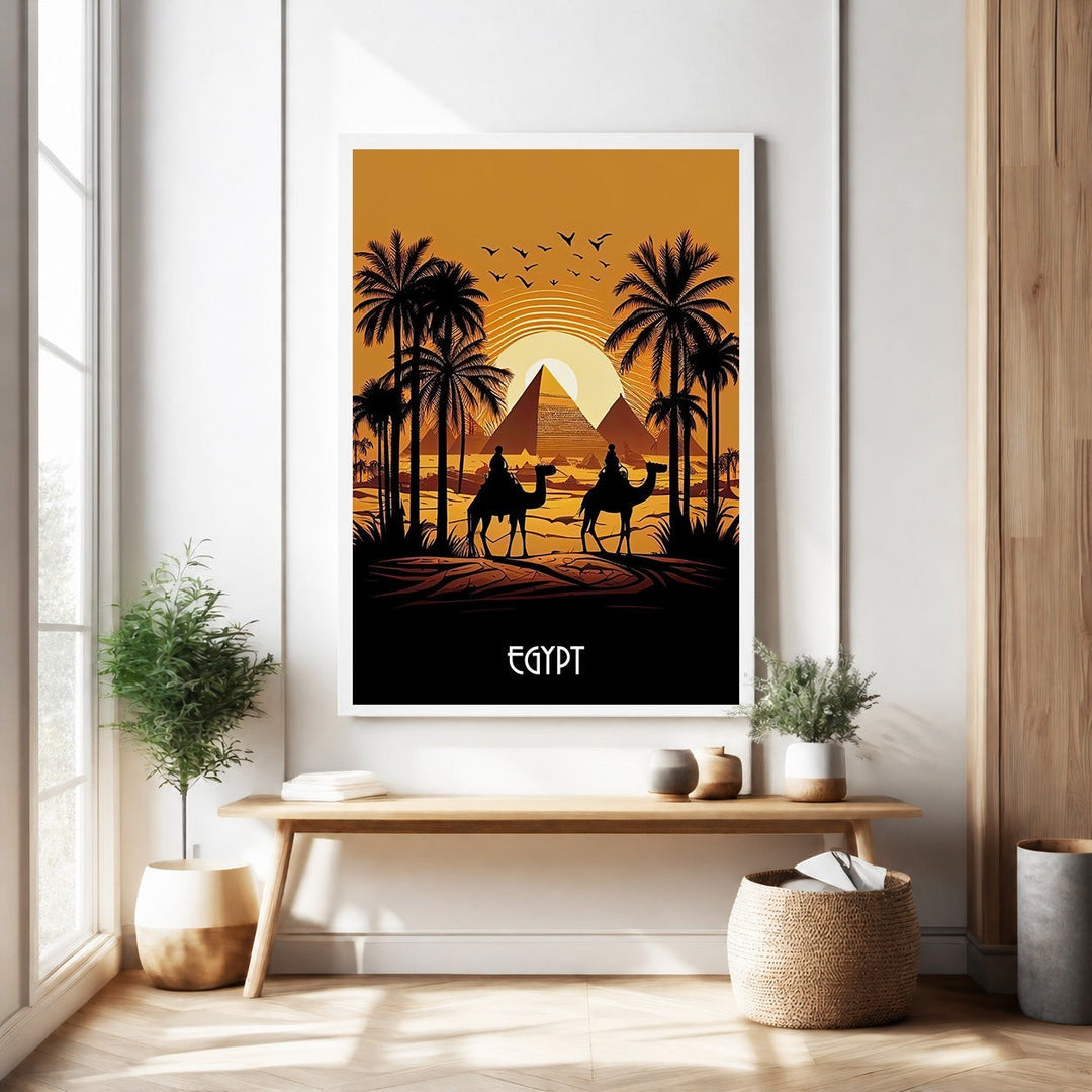 Wadi Home Egyptian pyramids sunset camel ride wall art. Features silhouetted camels, palm trees, and pyramids against a vibrant orange sky.