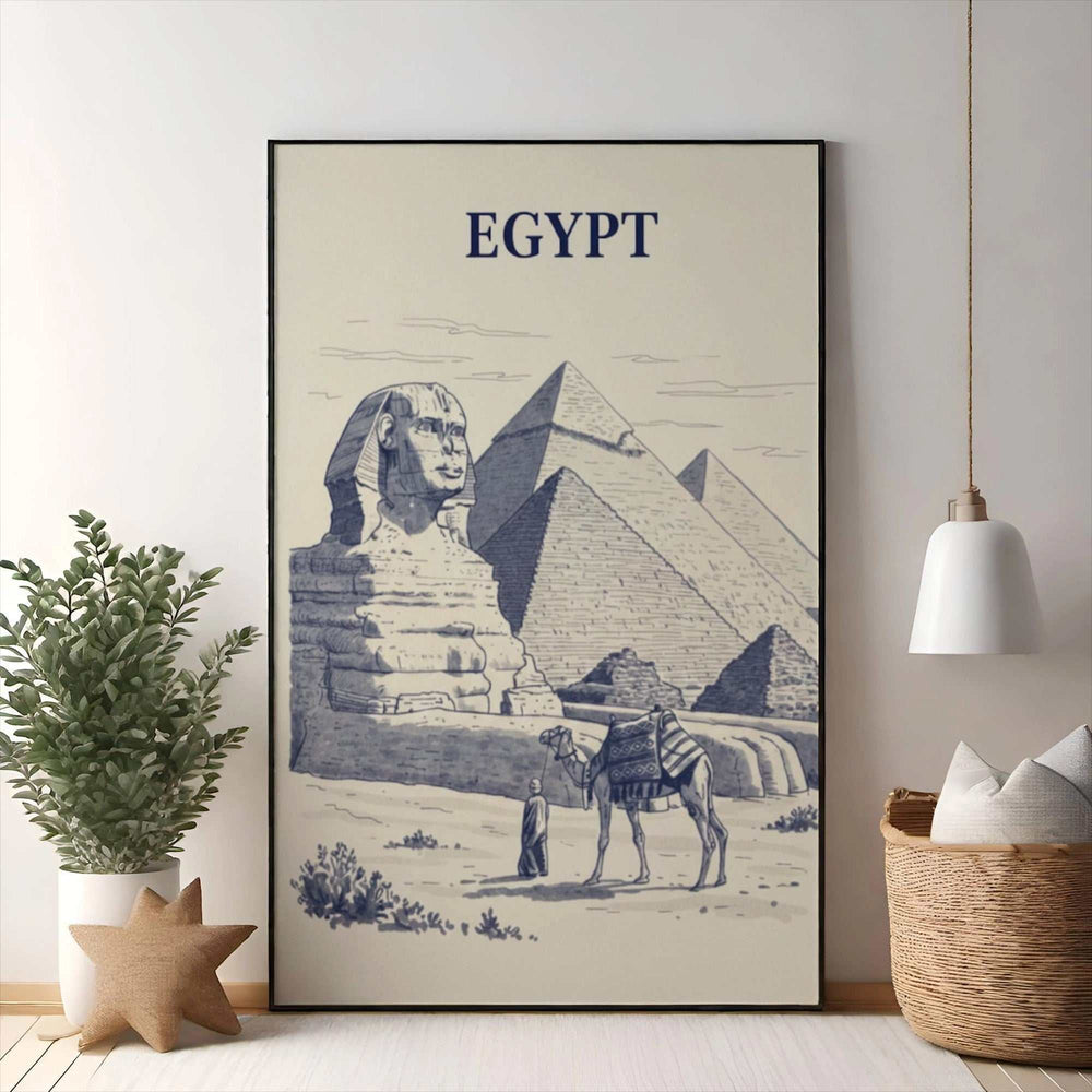 Wadi Home Egyptian Camel and Sphinx landscape artwork in blue ink on cream paper. Features pyramids and a camel.