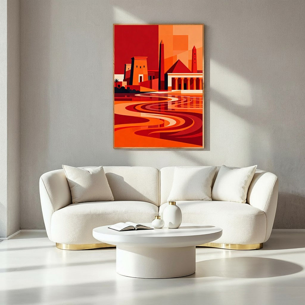 Wadi Home abstract Egyptian cityscape wall art in reds and oranges, featuring pyramids and temples reflected in water.