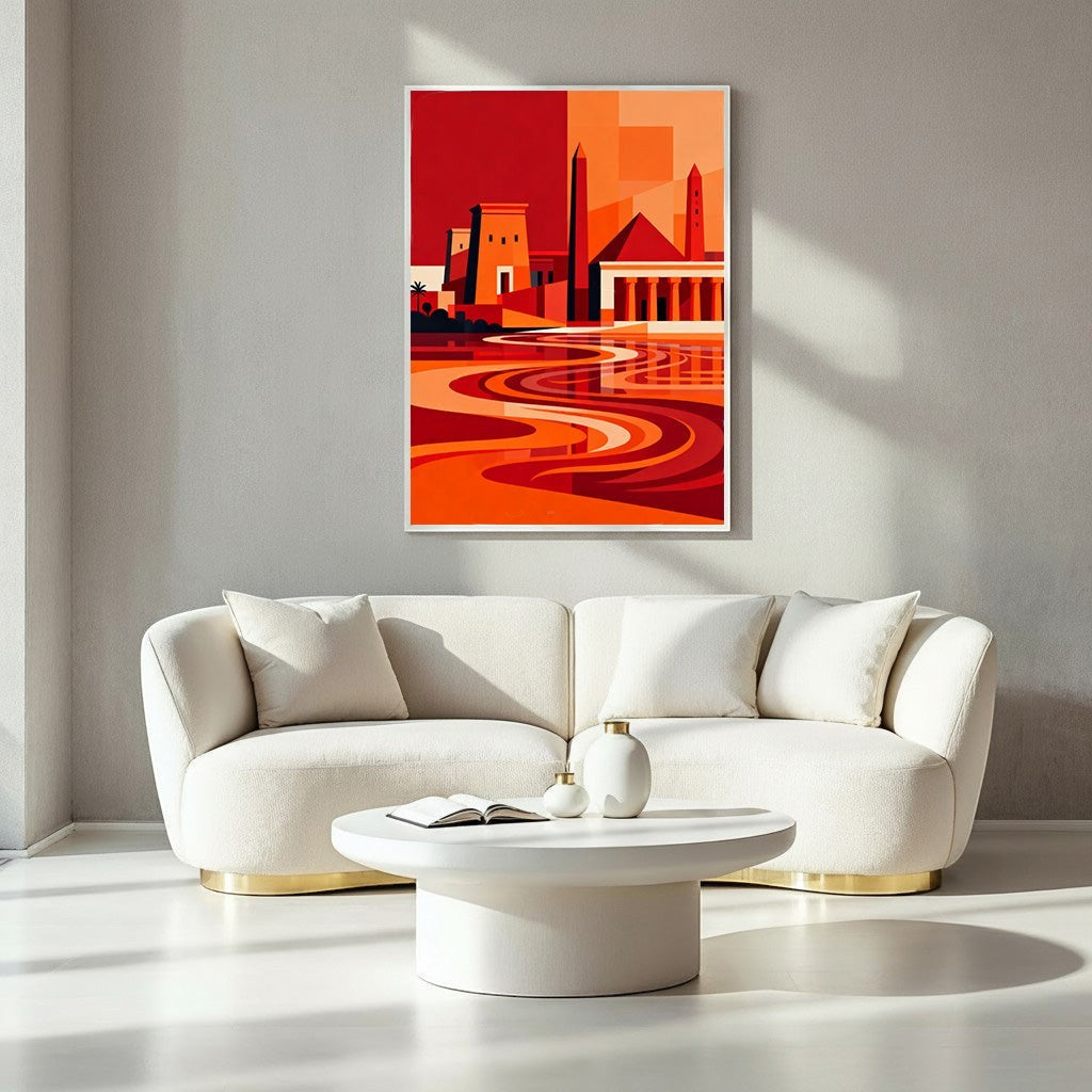 Wadi Home abstract Egyptian cityscape wall art in reds and oranges, featuring pyramids and temples reflected in water.