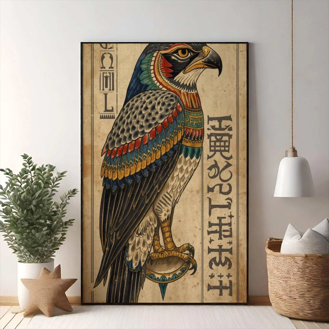 Wadi Home Ancient Egyptian Falcon Hieroglyphic Wall Art with vibrant colors and aged background.