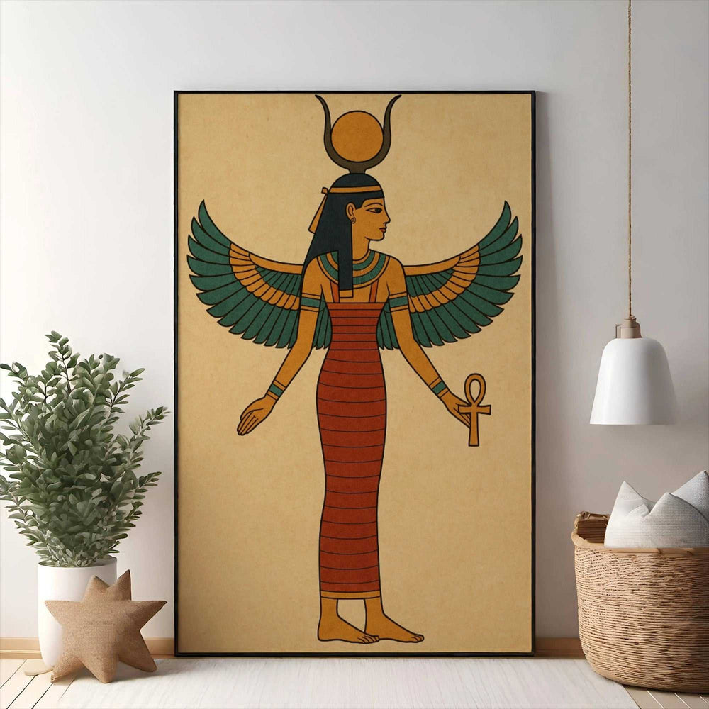 Wadi Home Ancient Egyptian winged goddess wall art with terracotta, teal, and gold details. Holds an ankh symbol.