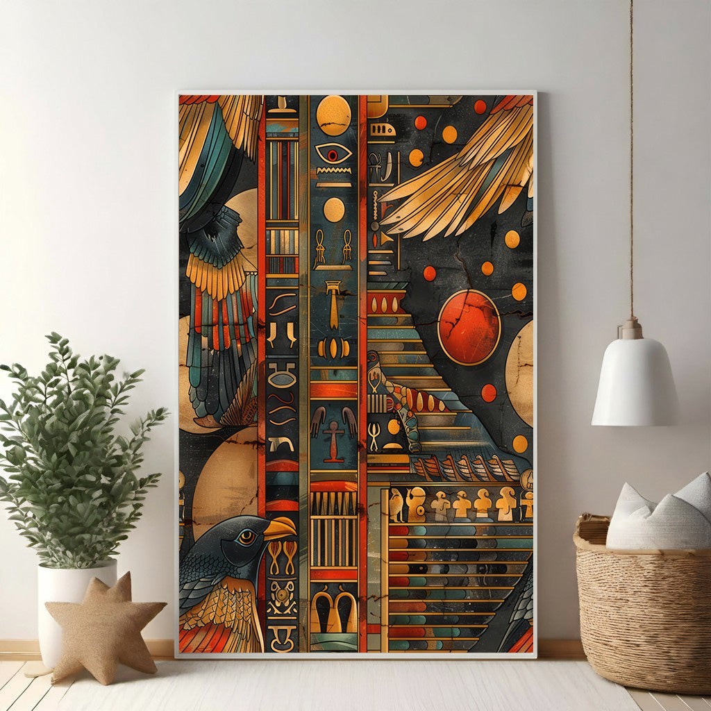 Wadi Home Ancient Egyptian Hieroglyphic Wall Art featuring deep blues, oranges, and gold. Detailed artwork with symbolic imagery and hieroglyphs.