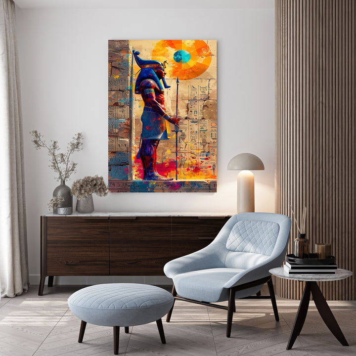 Wadi Home vibrant Egyptian deity wall art with hieroglyphs. Features blue headdress, staff, and colorful abstract splashes.