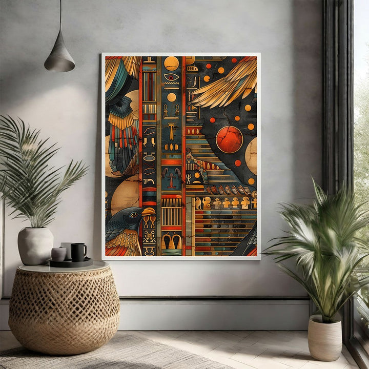 Wadi Home Egyptian Hieroglyphic Wall Art featuring pharaohs, gods, and symbols in gold, blue, and red.