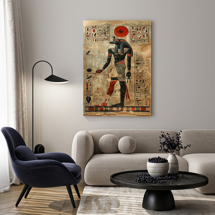 Wadi Home Ancient Egyptian Hieroglyphic Wall Art featuring a deity with a sun disk and hieroglyphs. Vintage aesthetic.