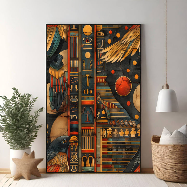 Wadi Home Ancient Egyptian Hieroglyphic Wall Art with deep blues, oranges, and gold. Features detailed symbols and imagery.