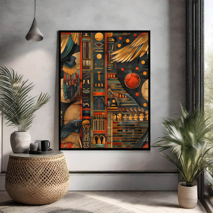 Wadi Home Ancient Egyptian Hieroglyphic Wall Art featuring pharaohs, gods, and symbols in gold, blue, and red.