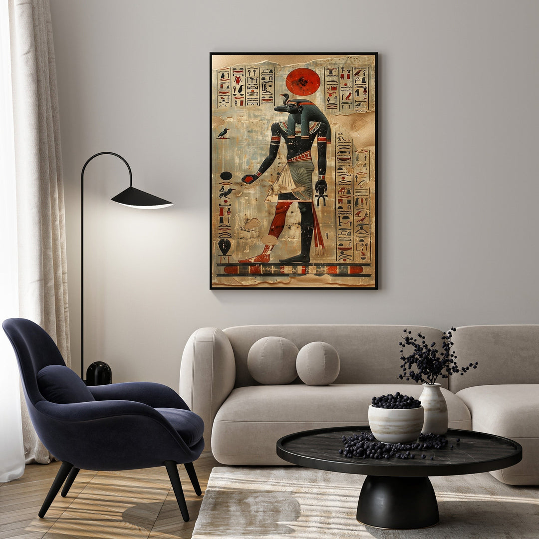 Wadi Home Egyptian hieroglyphic wall art featuring a deity with a sun disk head, intricate hieroglyphs, and a vintage aesthetic.