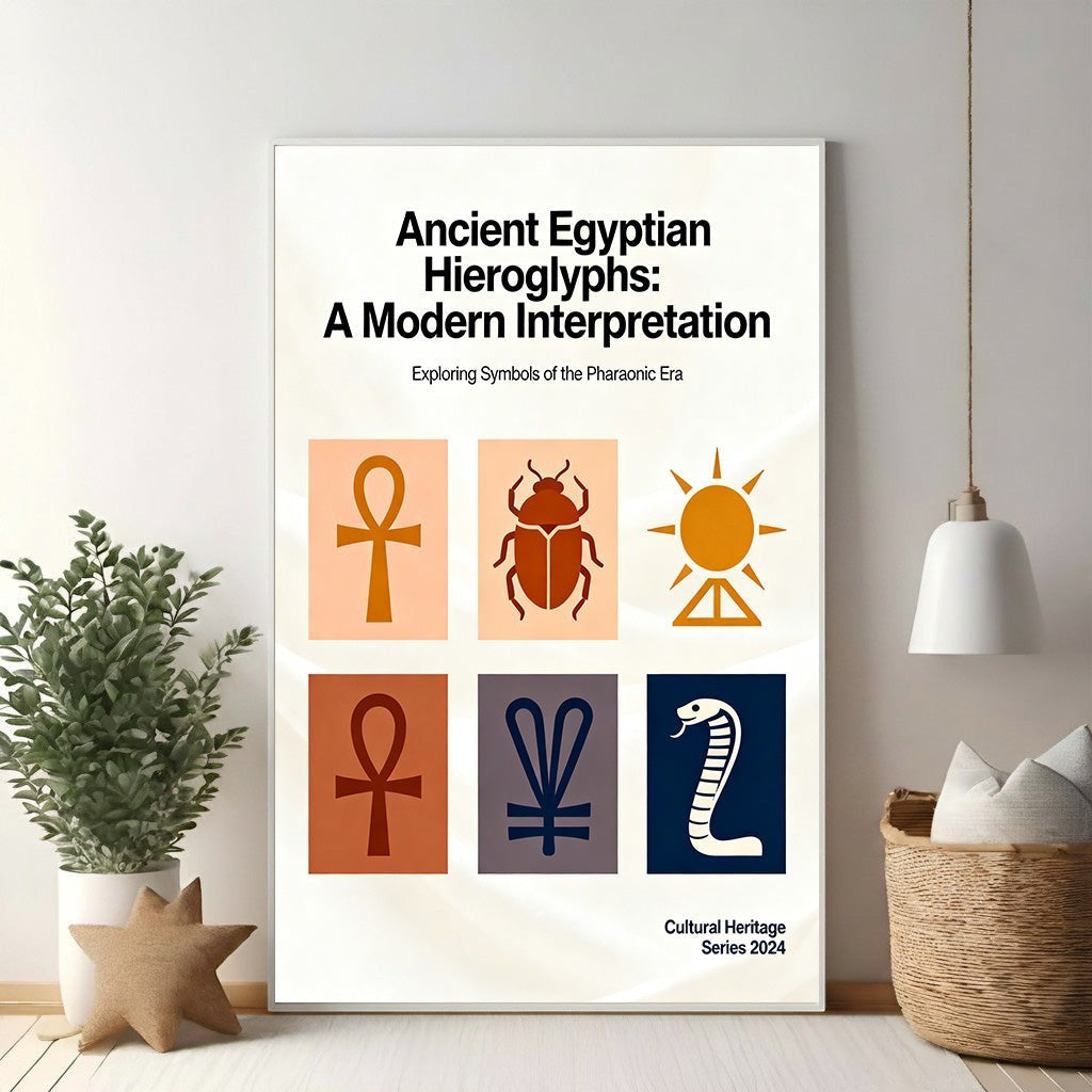 Wadi Home Ancient Egyptian Hieroglyphs: A Modern Interpretation poster featuring ankh, scarab, sun, and cobra symbols in a contemporary style.