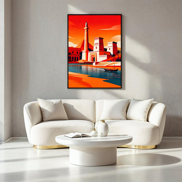 Wadi Home Egyptian riverside landscape art with temples, a boat, and vibrant orange and blue colors.