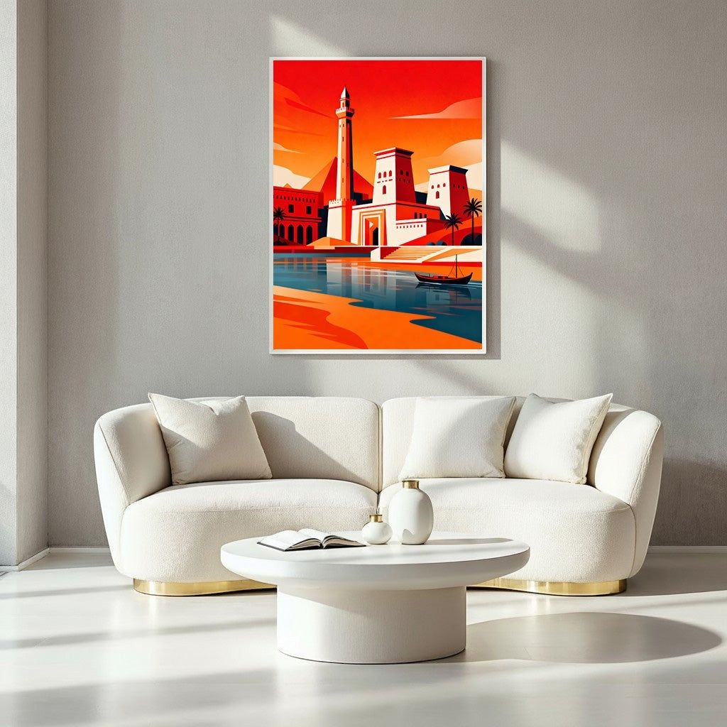 Wadi Home Egyptian riverside landscape art with temples, a minaret, and a boat on blue water, in warm oranges and yellows.
